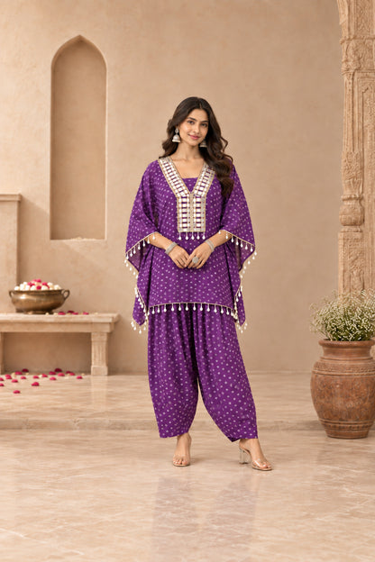 ANJALI PURPLE BANDHEJ KAFTAN FARSHI SET