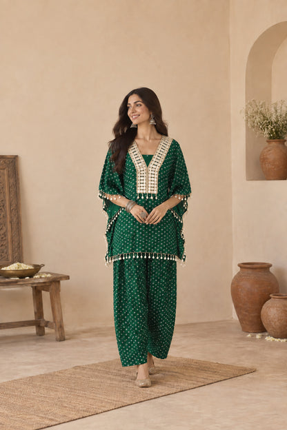 RASHYA BOTTLE GREEN BANDHEJ KAFTAN FARSHI SET
