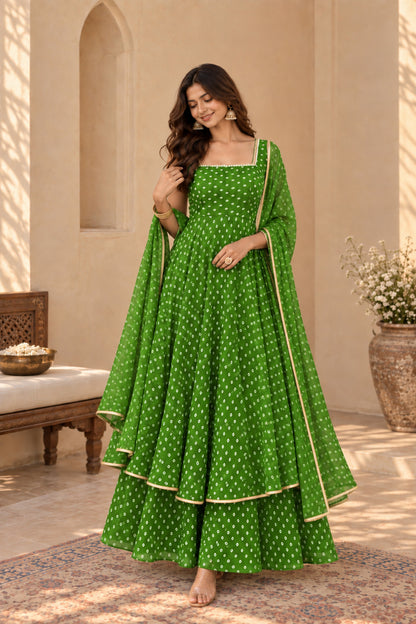 SANIKA GREEN BANDHEJ KURTA SET