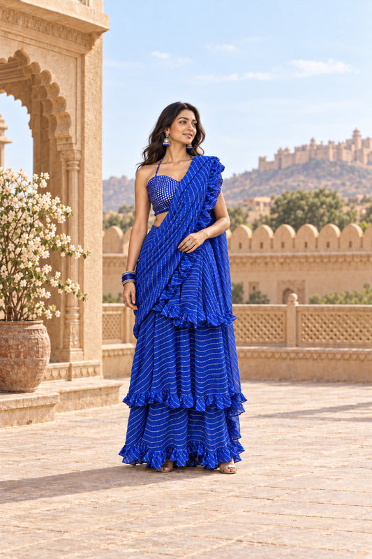 SRIJAA ROYAL BLUE LEHERIYA RUFFLE SAREE