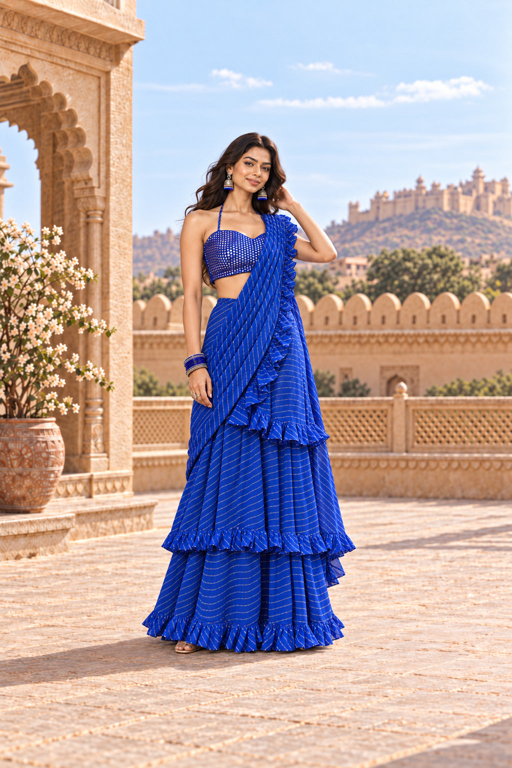 SRIJAA ROYAL BLUE LEHERIYA RUFFLE SAREE