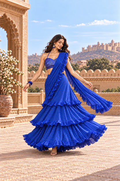 SRIJAA ROYAL BLUE LEHERIYA RUFFLE SAREE