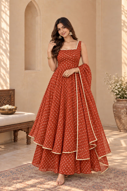 DIVYA RUST BANDHEJ KURTA SET