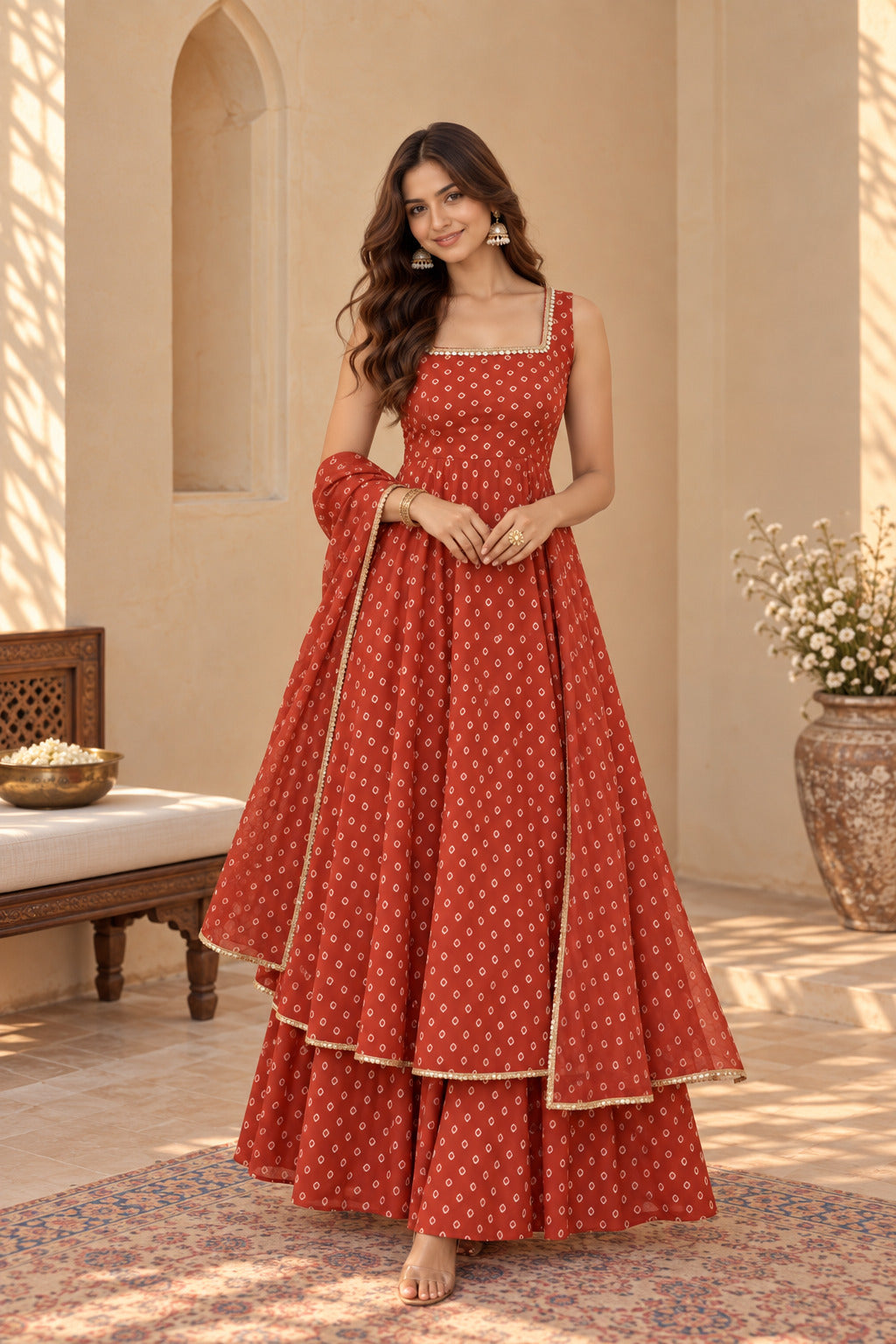 DIVYA RUST BANDHEJ KURTA SET