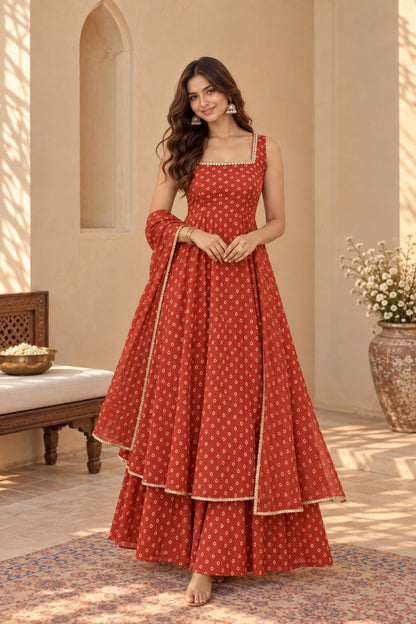 DIVYA RUST BANDHEJ KURTA SET