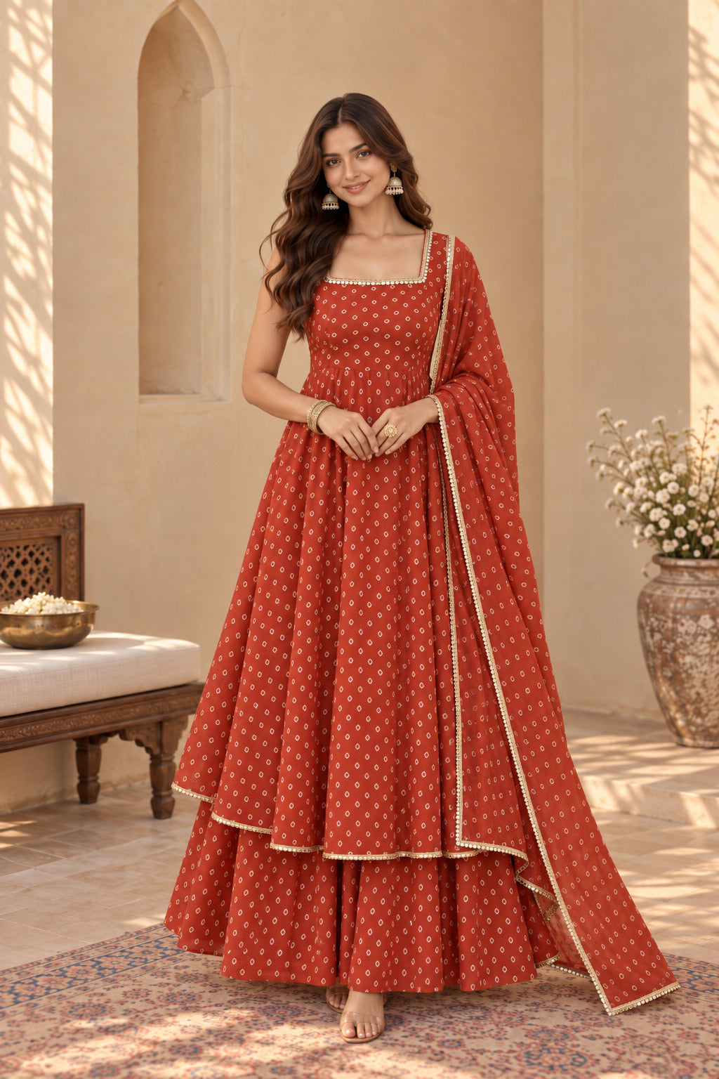 DIVYA RUST BANDHEJ KURTA SET