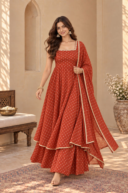 DIVYA RUST BANDHEJ KURTA SET
