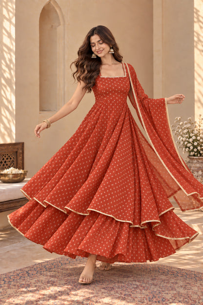 DIVYA RUST BANDHEJ KURTA SET