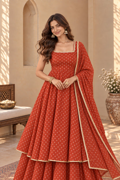 DIVYA RUST BANDHEJ KURTA SET