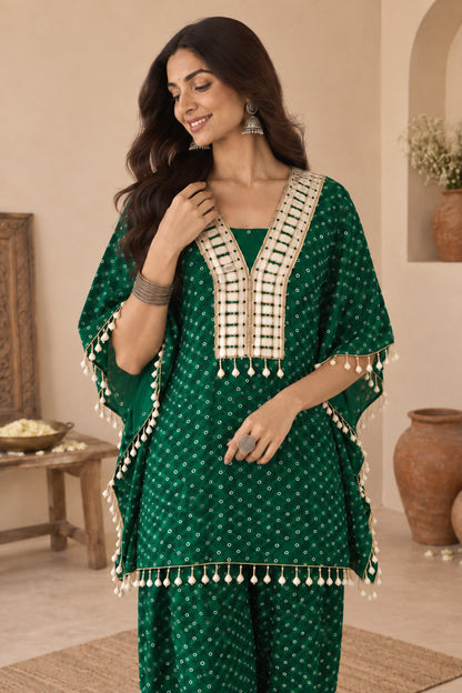 RASHYA BOTTLE GREEN BANDHEJ KAFTAN FARSHI SET