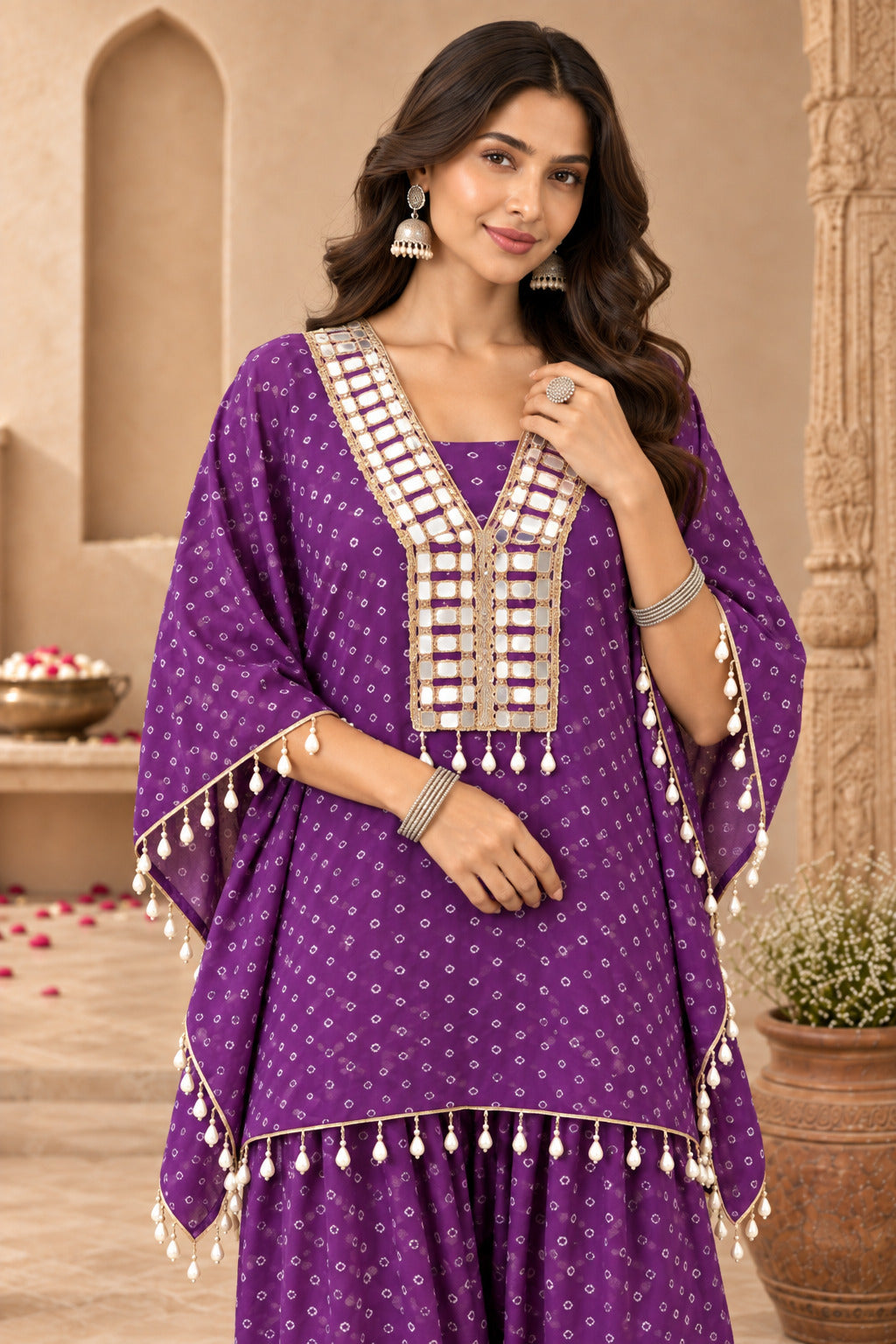 ANJALI PURPLE BANDHEJ KAFTAN FARSHI SET