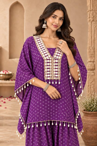 ANJALI PURPLE BANDHEJ KAFTAN FARSHI SET