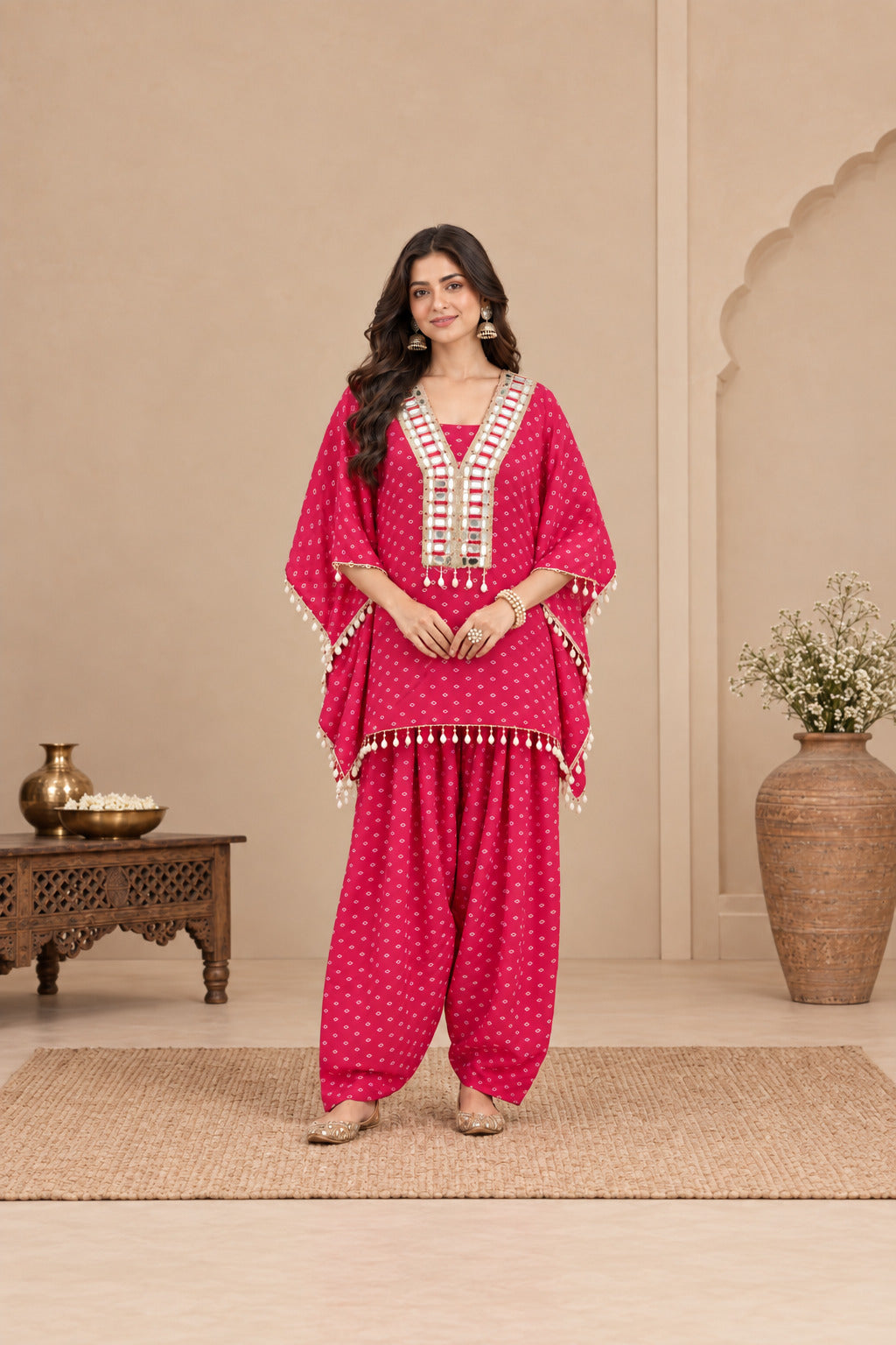 ZAHIRA PINK BANDHEJ KAFTAN FARSHI SET