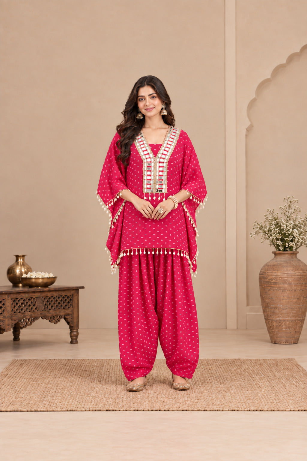 ZAHIRA PINK BANDHEJ KAFTAN FARSHI SET