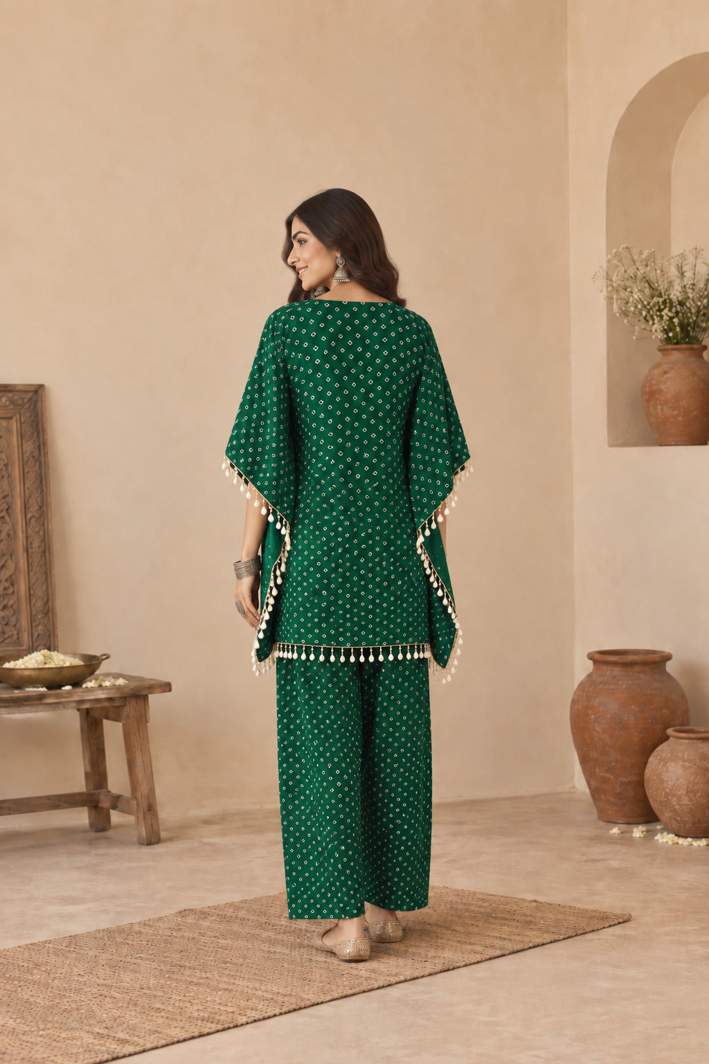 RASHYA BOTTLE GREEN BANDHEJ KAFTAN FARSHI SET