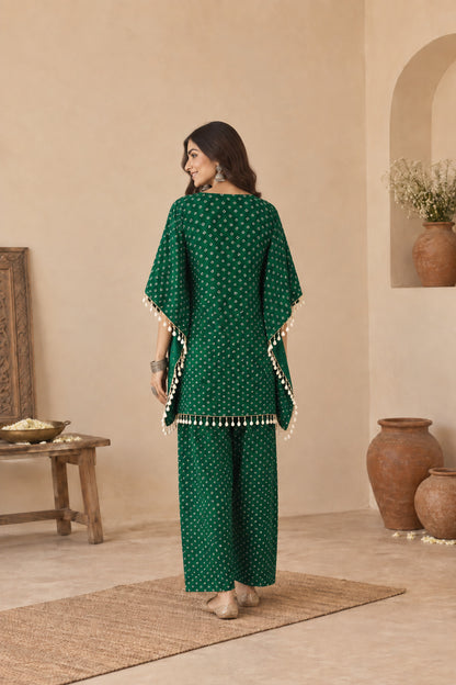 RASHYA BOTTLE GREEN BANDHEJ KAFTAN FARSHI SET
