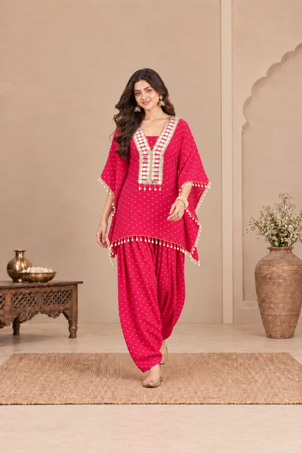 ZAHIRA PINK BANDHEJ KAFTAN FARSHI SET