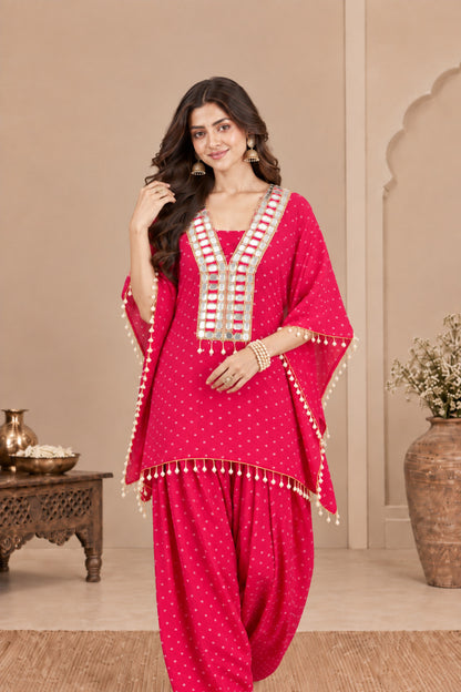 ZAHIRA PINK BANDHEJ KAFTAN FARSHI SET