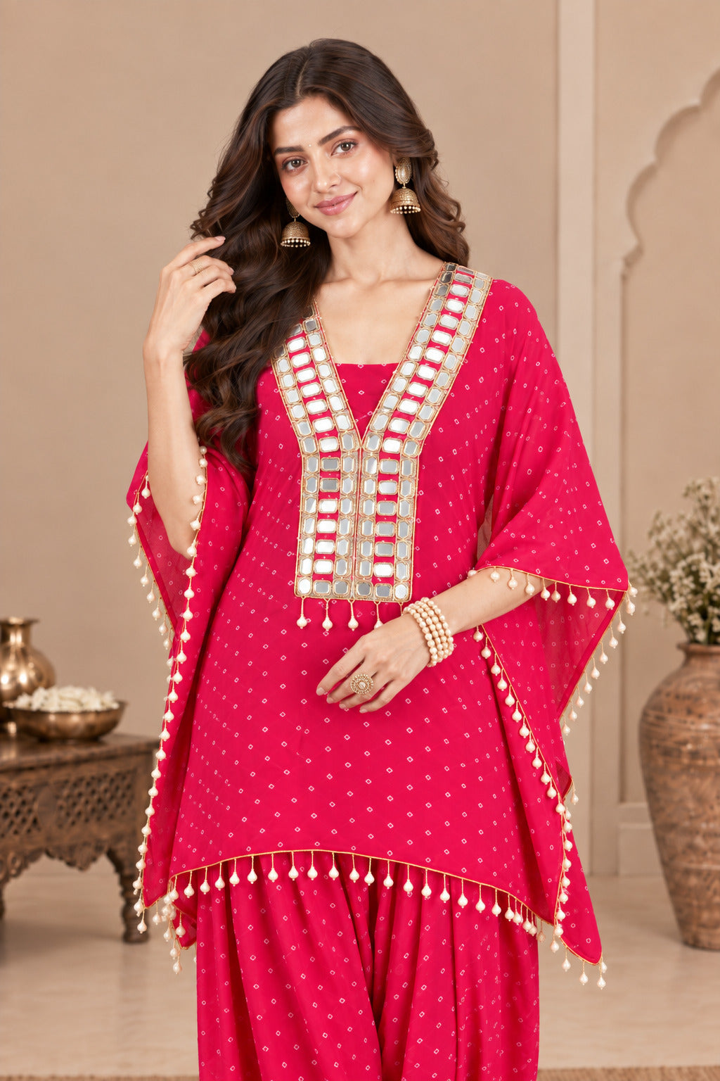 ZAHIRA PINK BANDHEJ KAFTAN FARSHI SET