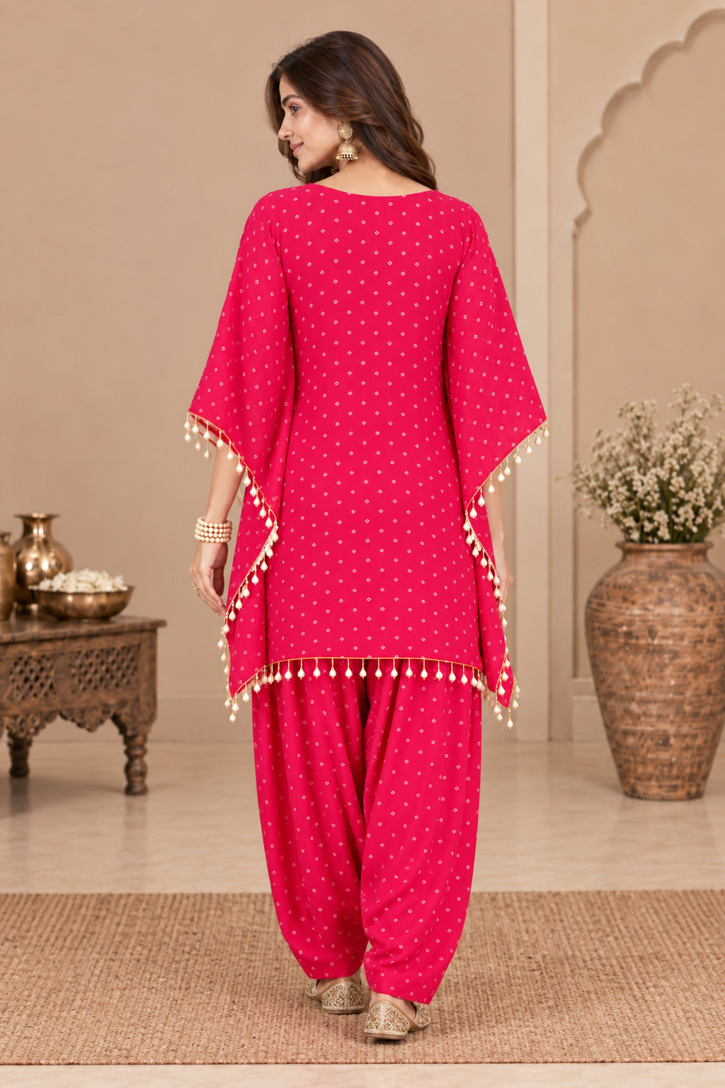 ZAHIRA PINK BANDHEJ KAFTAN FARSHI SET
