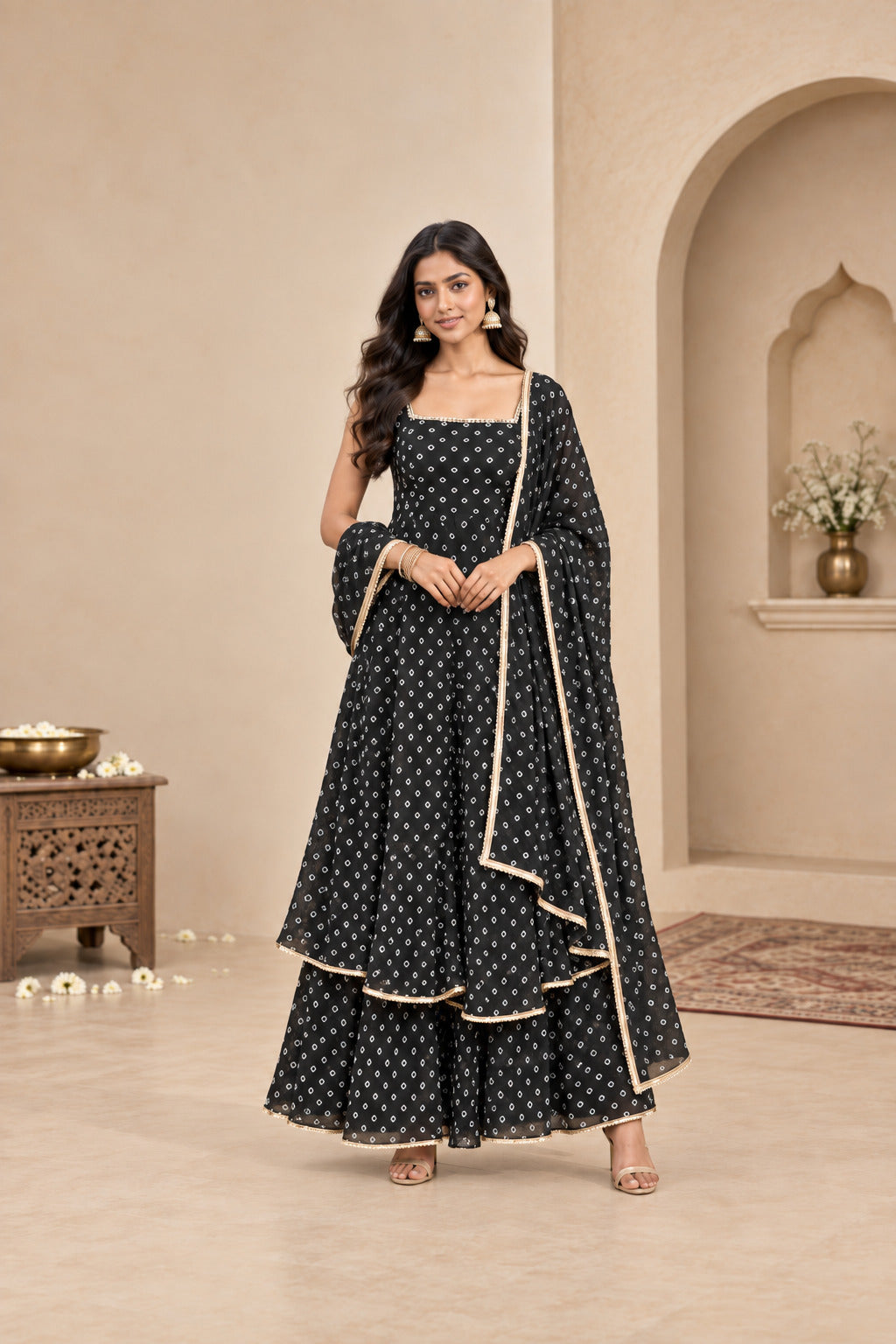 ANEET BLACK BANDHEJ KURTA SET