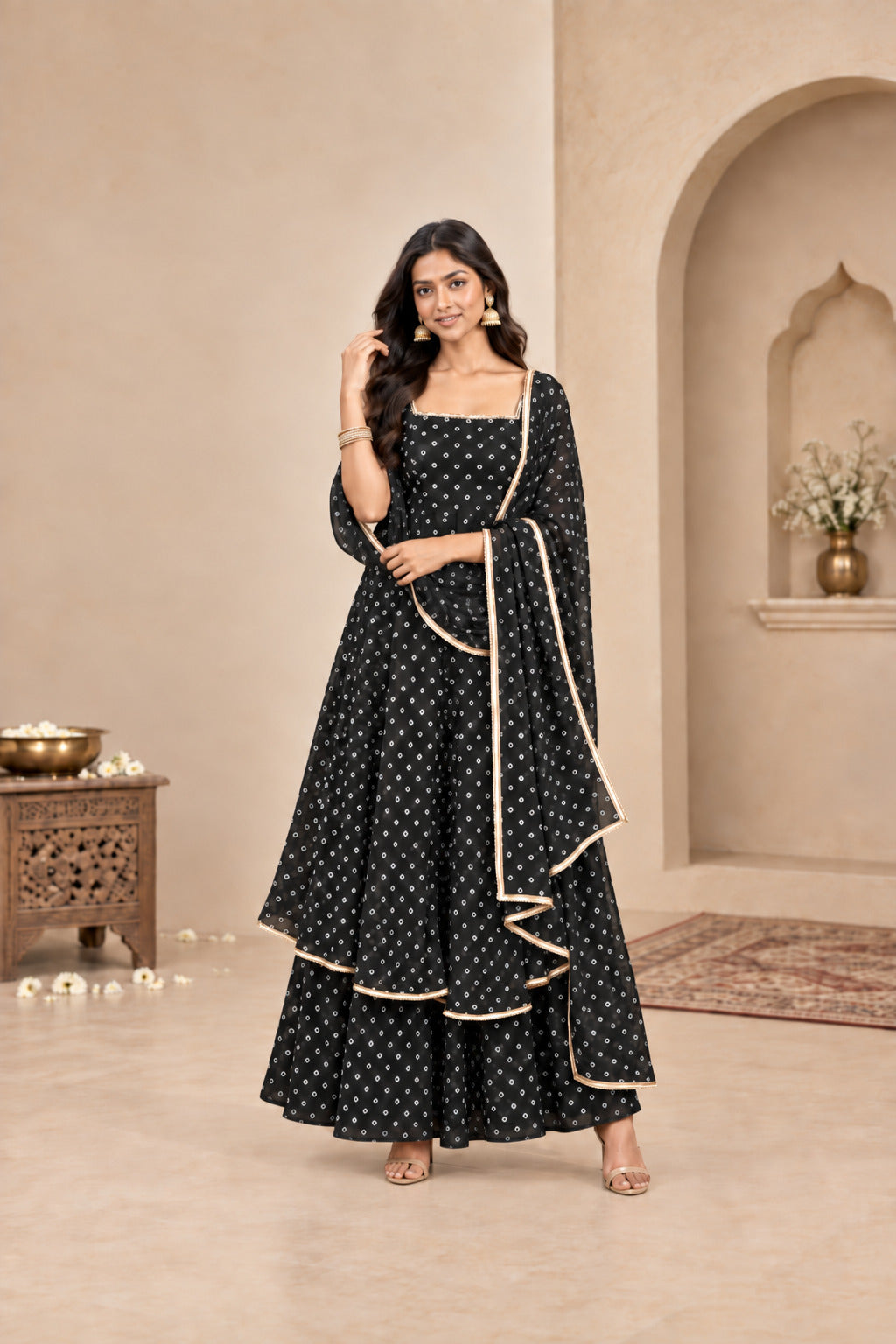 ANEET BLACK BANDHEJ KURTA SET