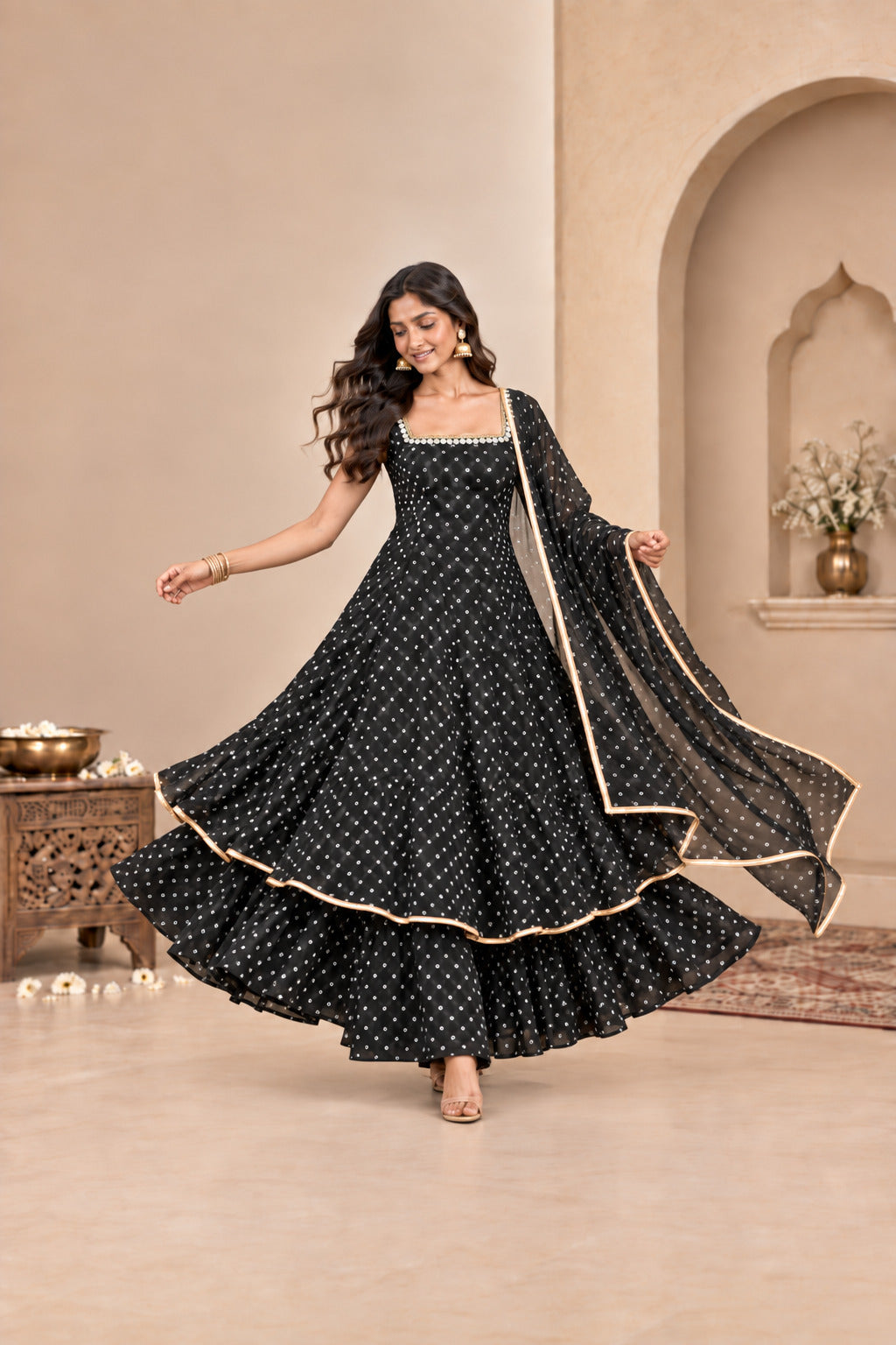 ANEET BLACK BANDHEJ KURTA SET