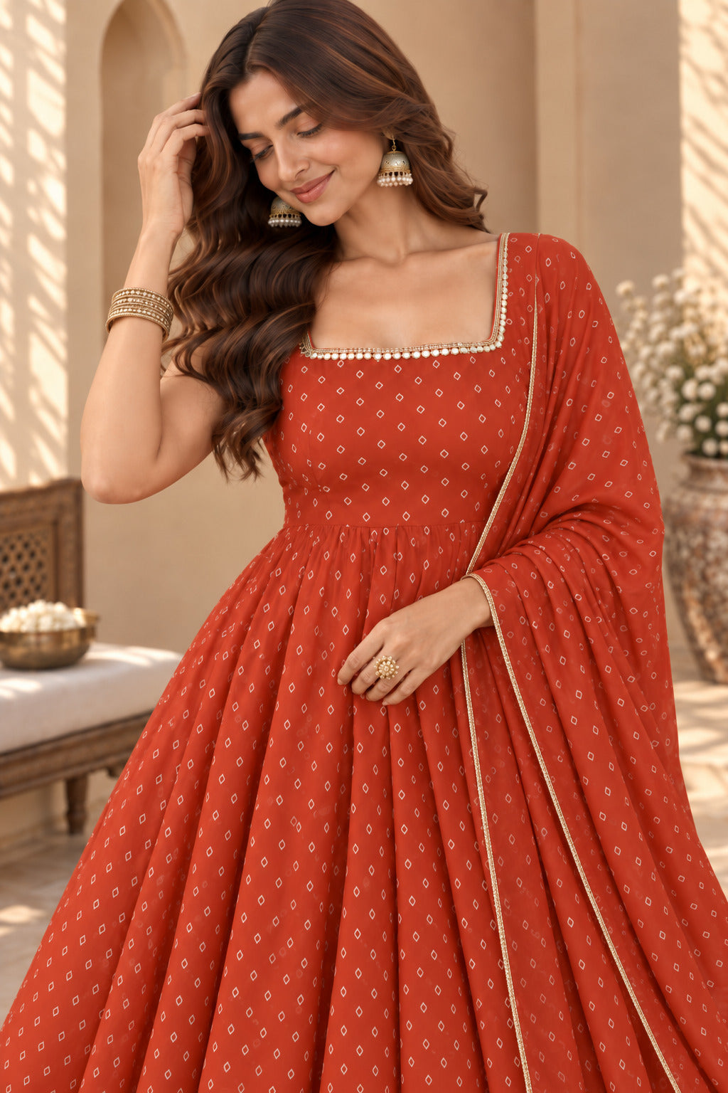 DIVYA RUST BANDHEJ KURTA SET