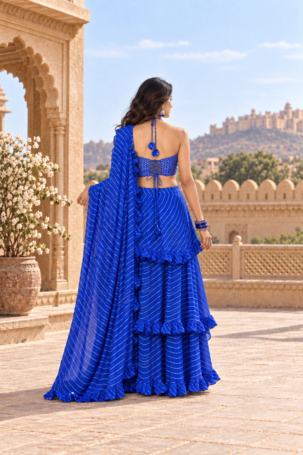 SRIJAA ROYAL BLUE LEHERIYA RUFFLE SAREE