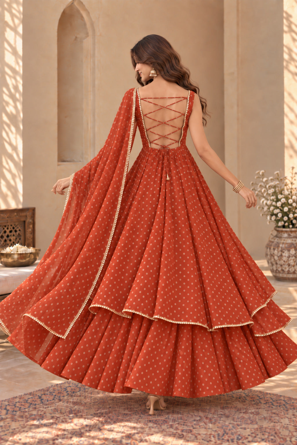 DIVYA RUST BANDHEJ KURTA SET