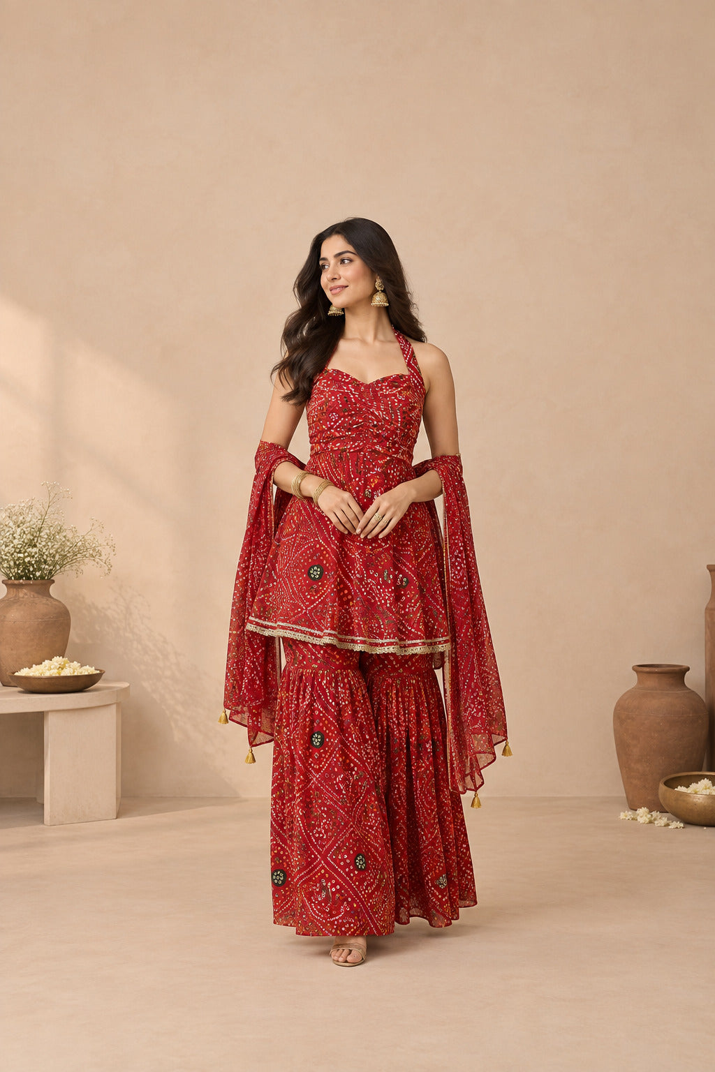 ARUNA RED BANDHEJ SHARARA SET
