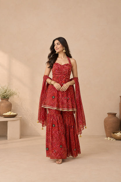 ARUNA RED BANDHEJ SHARARA SET