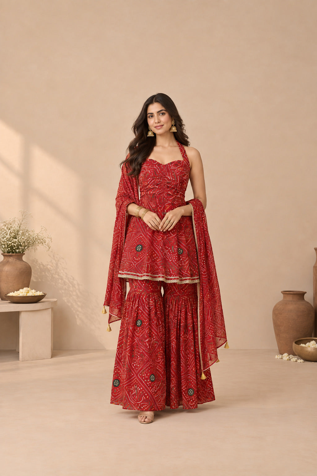 ARUNA RED BANDHEJ SHARARA SET