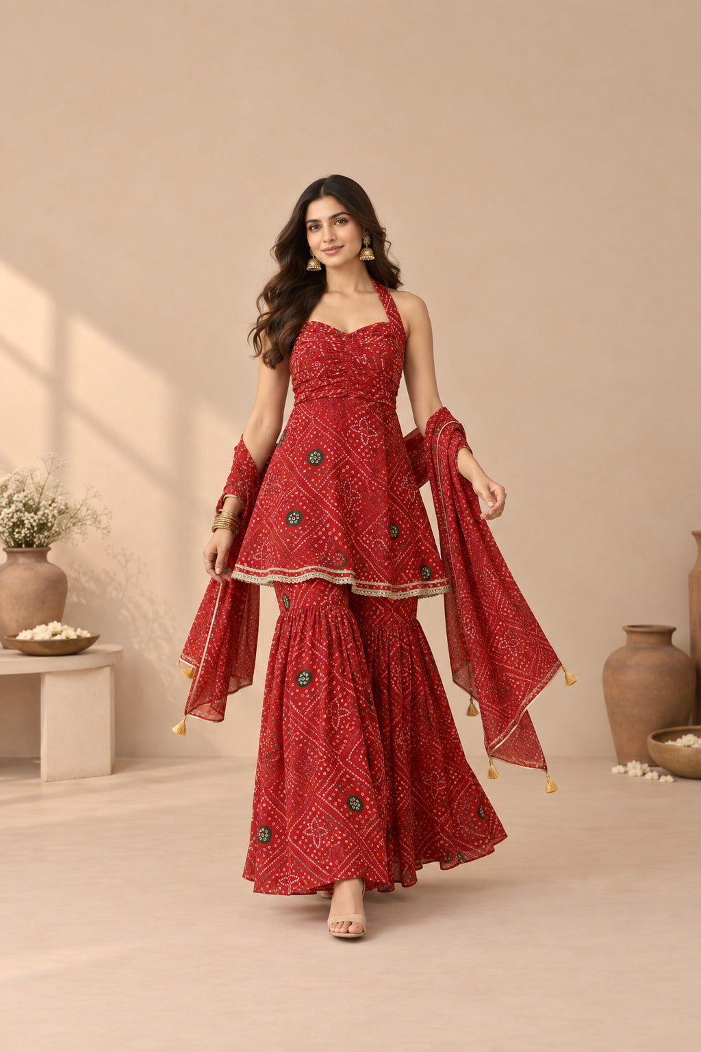 ARUNA RED BANDHEJ SHARARA SET