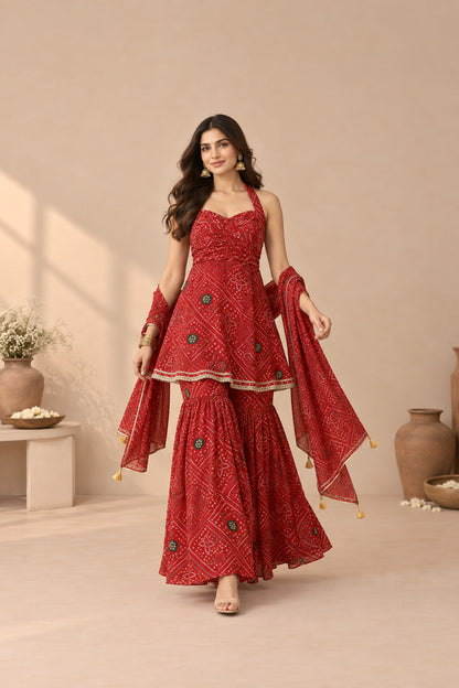 ARUNA RED BANDHEJ SHARARA SET