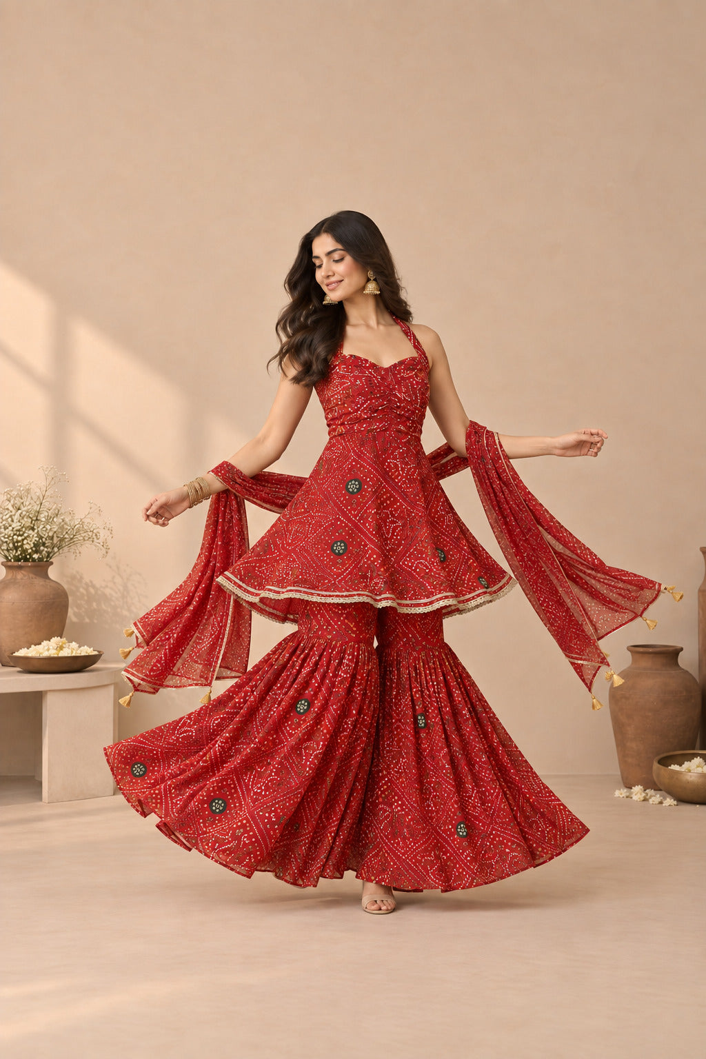 ARUNA RED BANDHEJ SHARARA SET