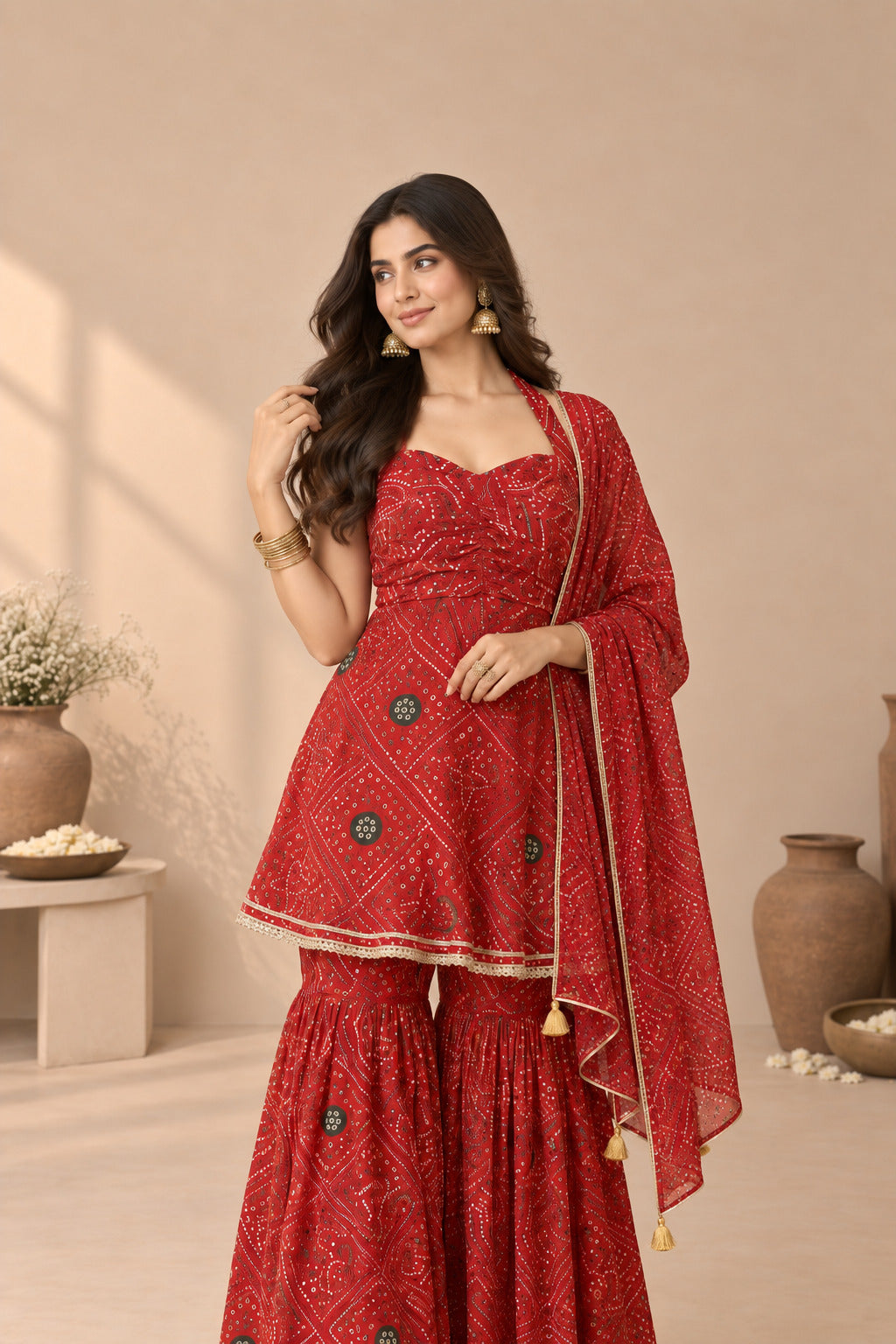 ARUNA RED BANDHEJ SHARARA SET