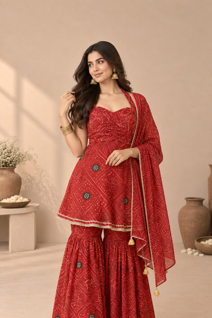 ARUNA RED BANDHEJ SHARARA SET