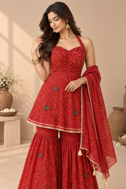ARUNA RED BANDHEJ SHARARA SET