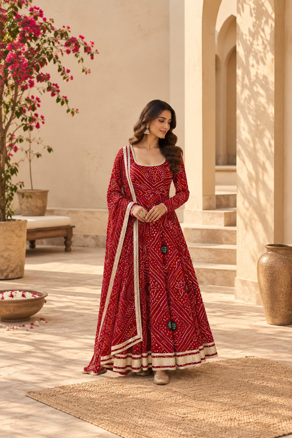SWASTIKA RED BANDHEJ ANARKALI SET