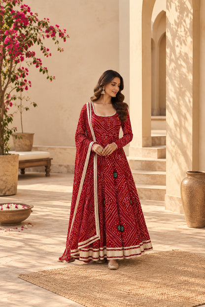SWASTIKA RED BANDHEJ ANARKALI SET