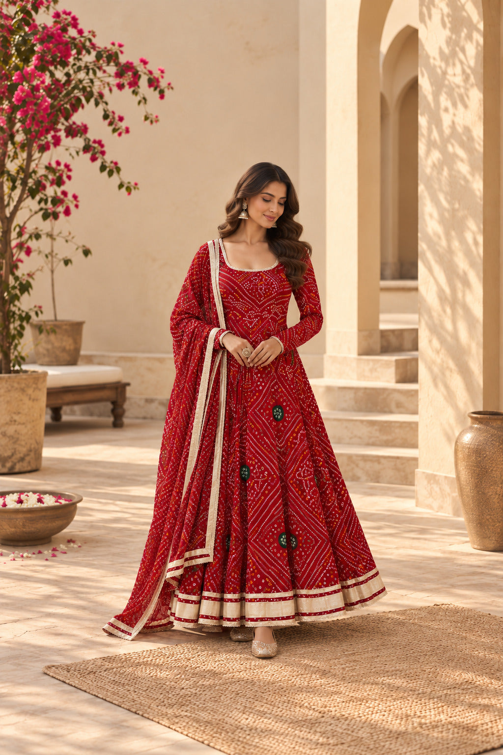 SWASTIKA RED BANDHEJ ANARKALI SET