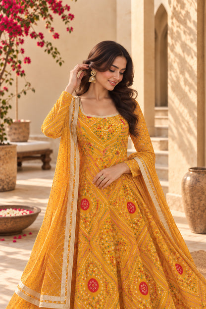 PRACHI YELLOW BANDHEJ ANARKALI SET