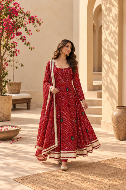 SWASTIKA RED BANDHEJ ANARKALI SET
