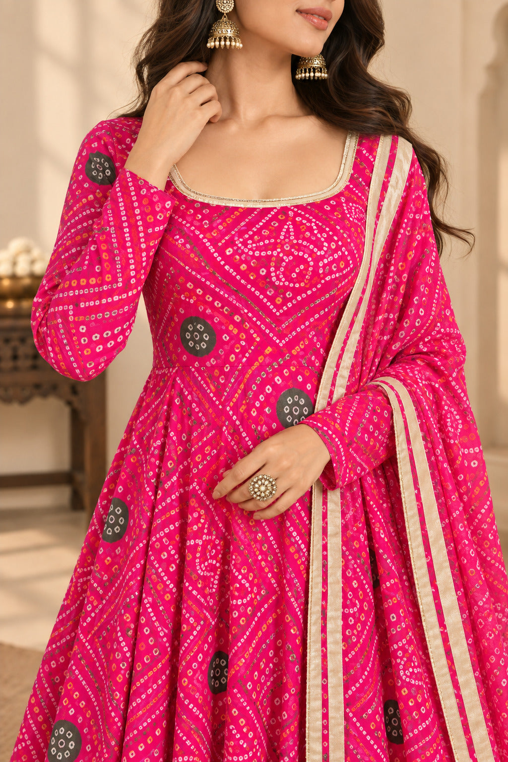 AKRITI PINK BANDHEJ ANARKALI SET