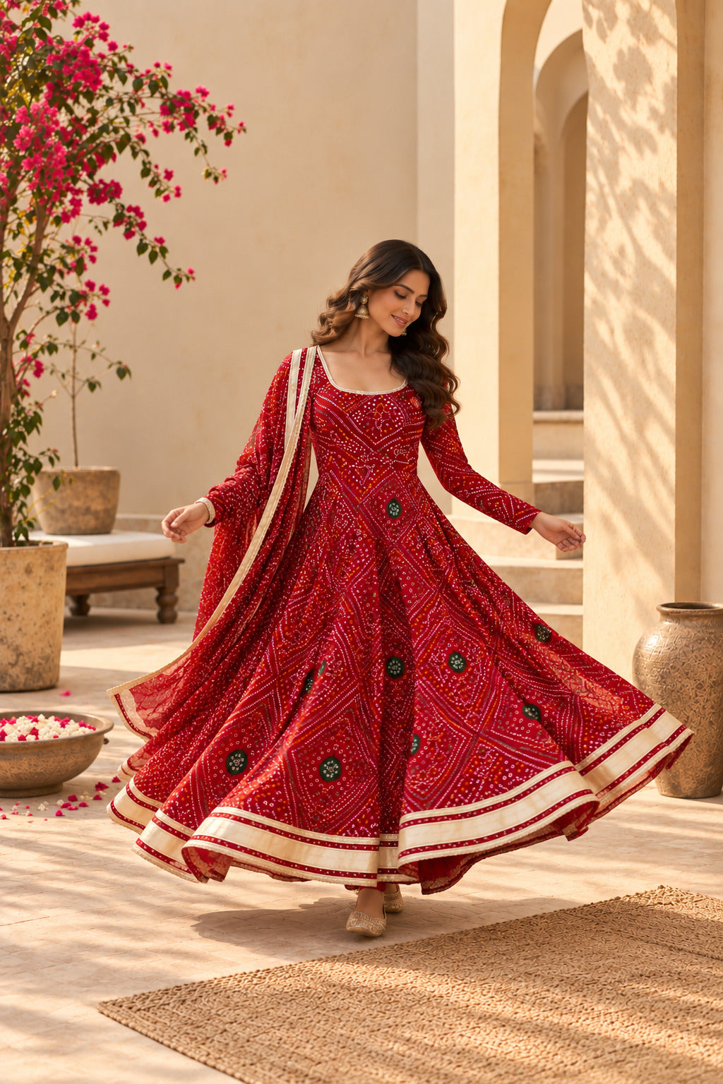SWASTIKA RED BANDHEJ ANARKALI SET