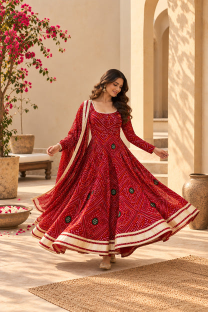 SWASTIKA RED BANDHEJ ANARKALI SET