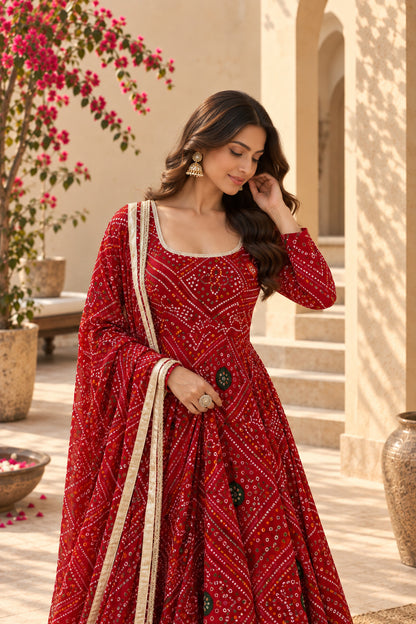 SWASTIKA RED BANDHEJ ANARKALI SET