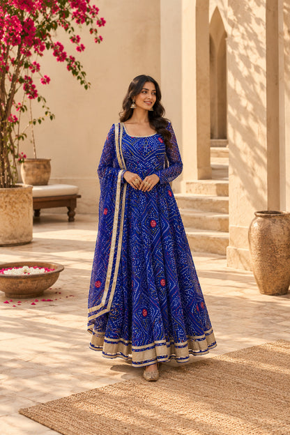 KIRAN BLUE BANDHEJ ANARKALI SET