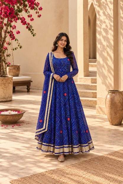 KIRAN BLUE BANDHEJ ANARKALI SET